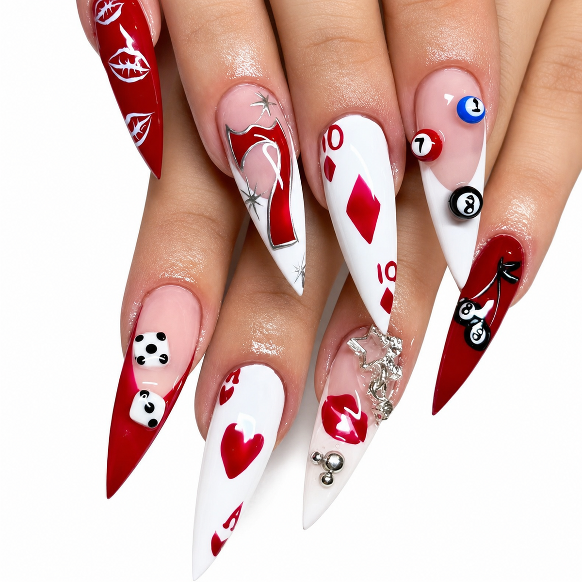 Lucky Gambit red pink and white Extra Long Length stiletto press-on nail set with casino-inspired designs