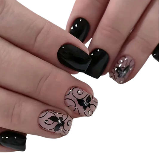Press On Nails with Black Butterfly Swirl Design modeled on Hands 