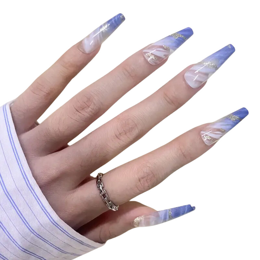 Blue and white extra long press on nails 