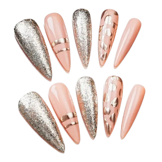 Peach Flame extra long stiletto handmade press-on nails with peach and gray design