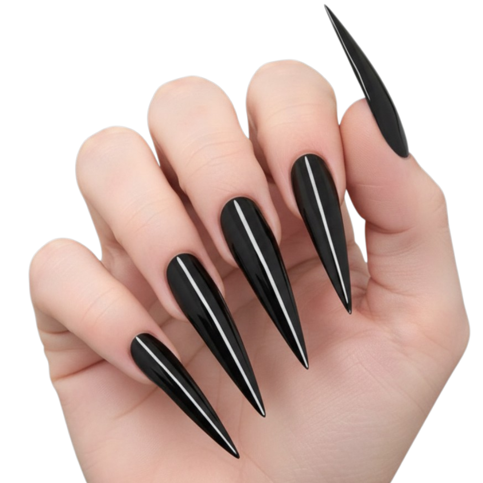 Power Point extra-long glossy black stiletto press-on nails with a sharply tapered full-cover design.