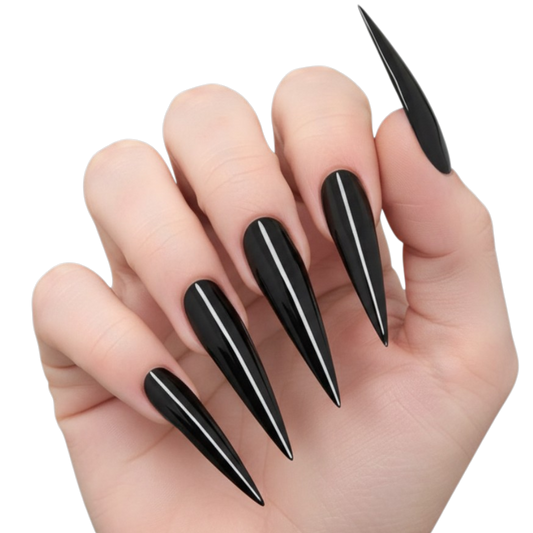 Power Point extra-long glossy black stiletto press-on nails with a sharply tapered full-cover design.