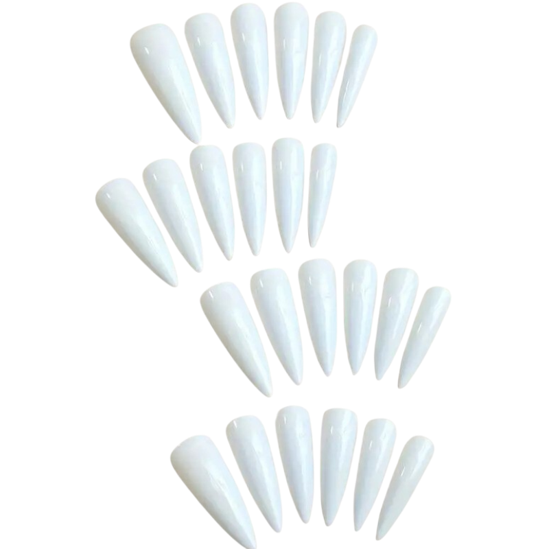 Power Point extra-long glossy white stiletto press-on nails with a sharply tapered full-cover design.