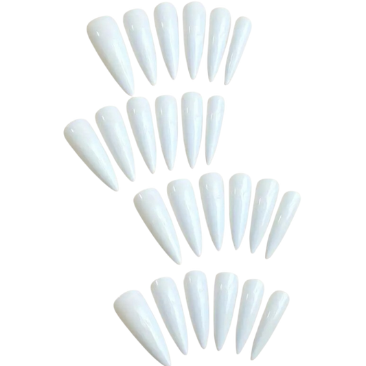 Power Point extra-long glossy white stiletto press-on nails with a sharply tapered full-cover design.