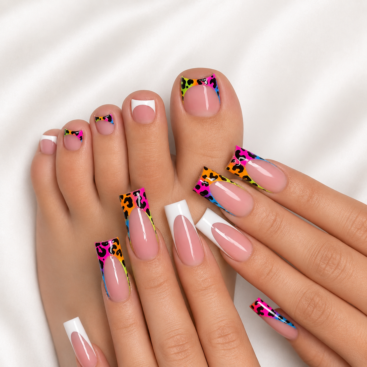 Close-up of a person's feet and hands with manicured toenails and fingernails in a glossy nude pink base with colorful leopard-print and neon accents, set against a soft white fabric background.