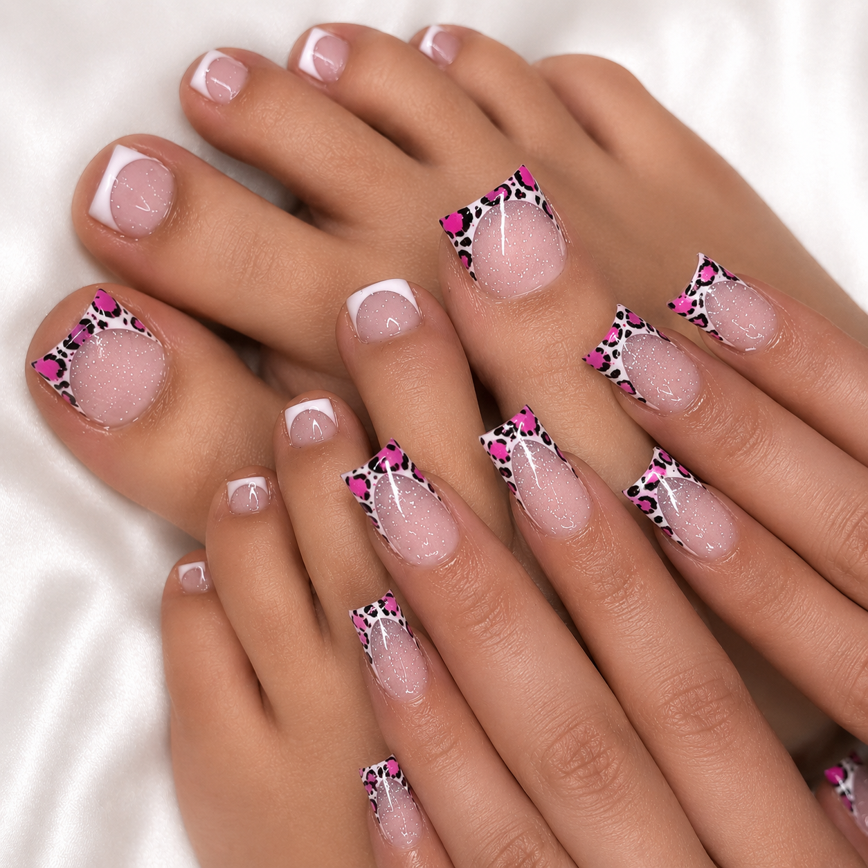 Close-up of a person's feet and hands showcasing a matching pedicure and nail art design. The design features a glossy nude-pink base with white French tips, pink leopard print accents, and small black leopard spots.