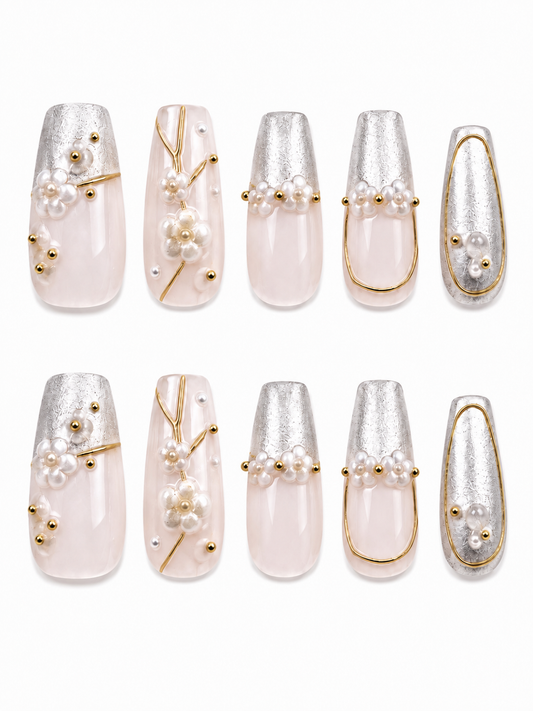 Silver Petals | Long Coffin Handmade Nails