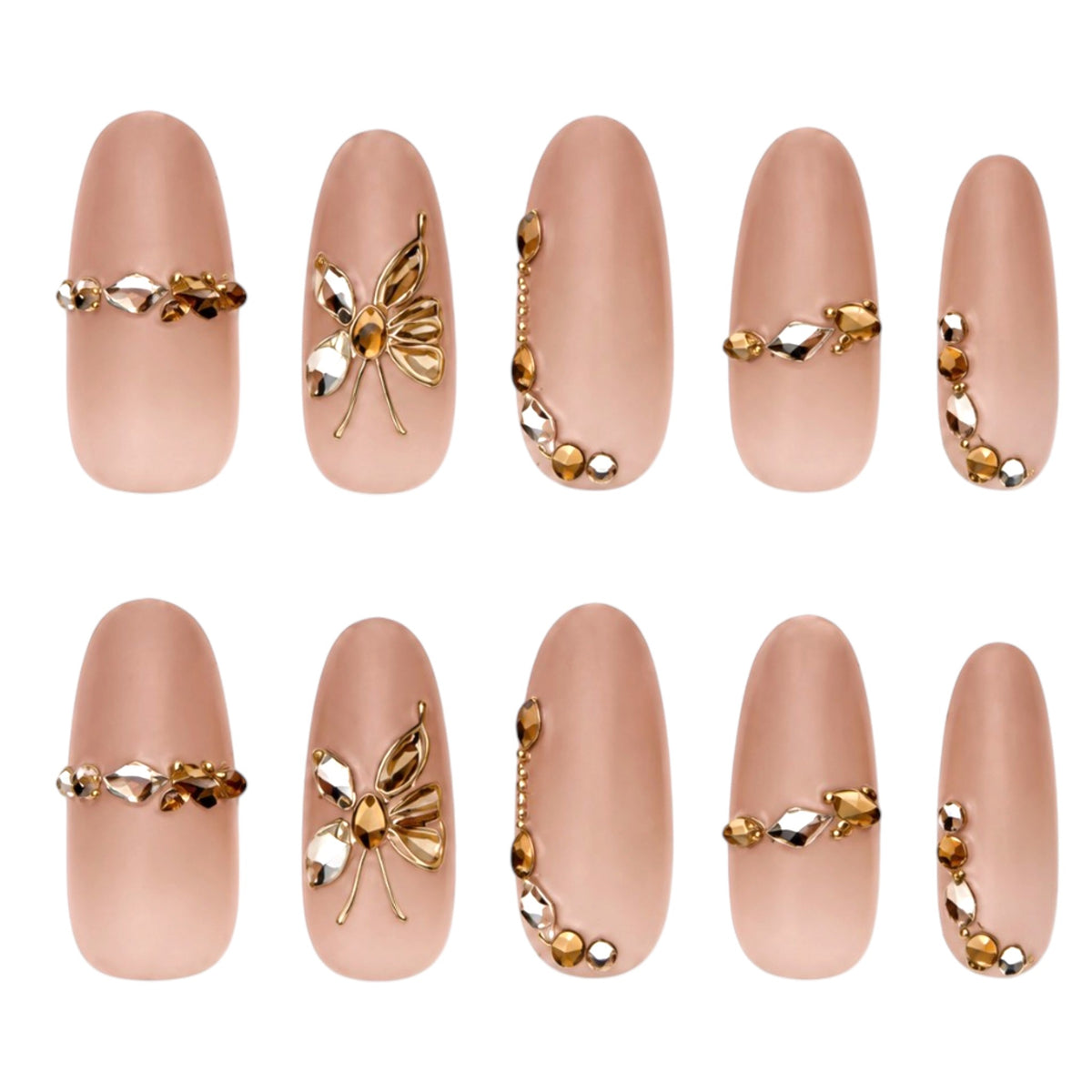 Ten nude oval press-on nails with gold-tone butterfly embellishments, amber-toned gems and champagne crystal accents.