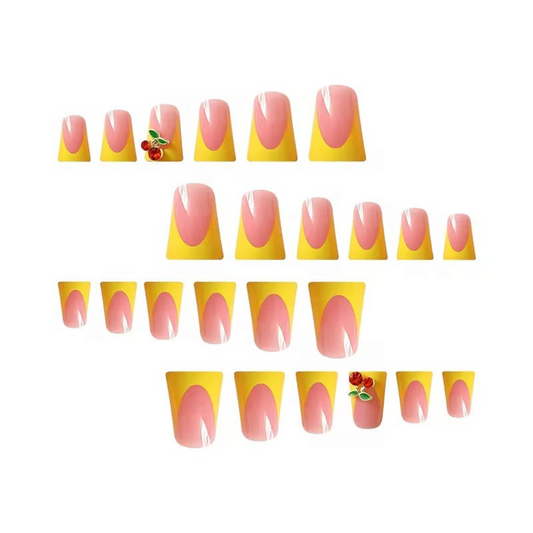 Snazzi Pink Shop Cherry Pop medium duckbill press-on nails with glossy bright yellow French tips and cherry charms
