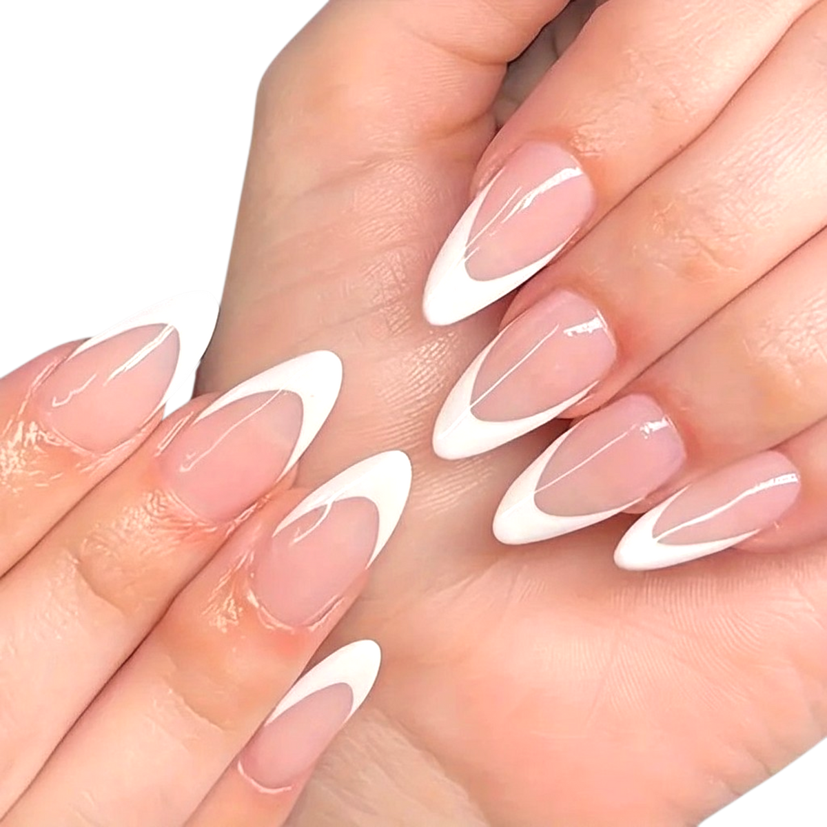 Snazzi Pink Shop medium almond press-on nails with a glossy nude base and white curved French tip accents.