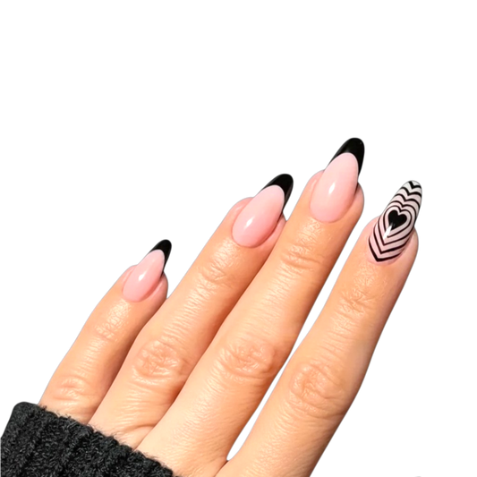 Snazzi Pink Shop Midnight Pulse medium almond press-on nails with black French tips and optical illusion heart accent