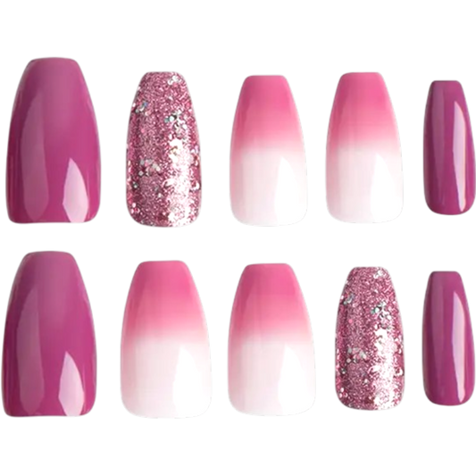 Snazzi Pink Shop medium coffin press-on nails in berry pink glossy, soft pink ombre, and sparkling glitter finishes.