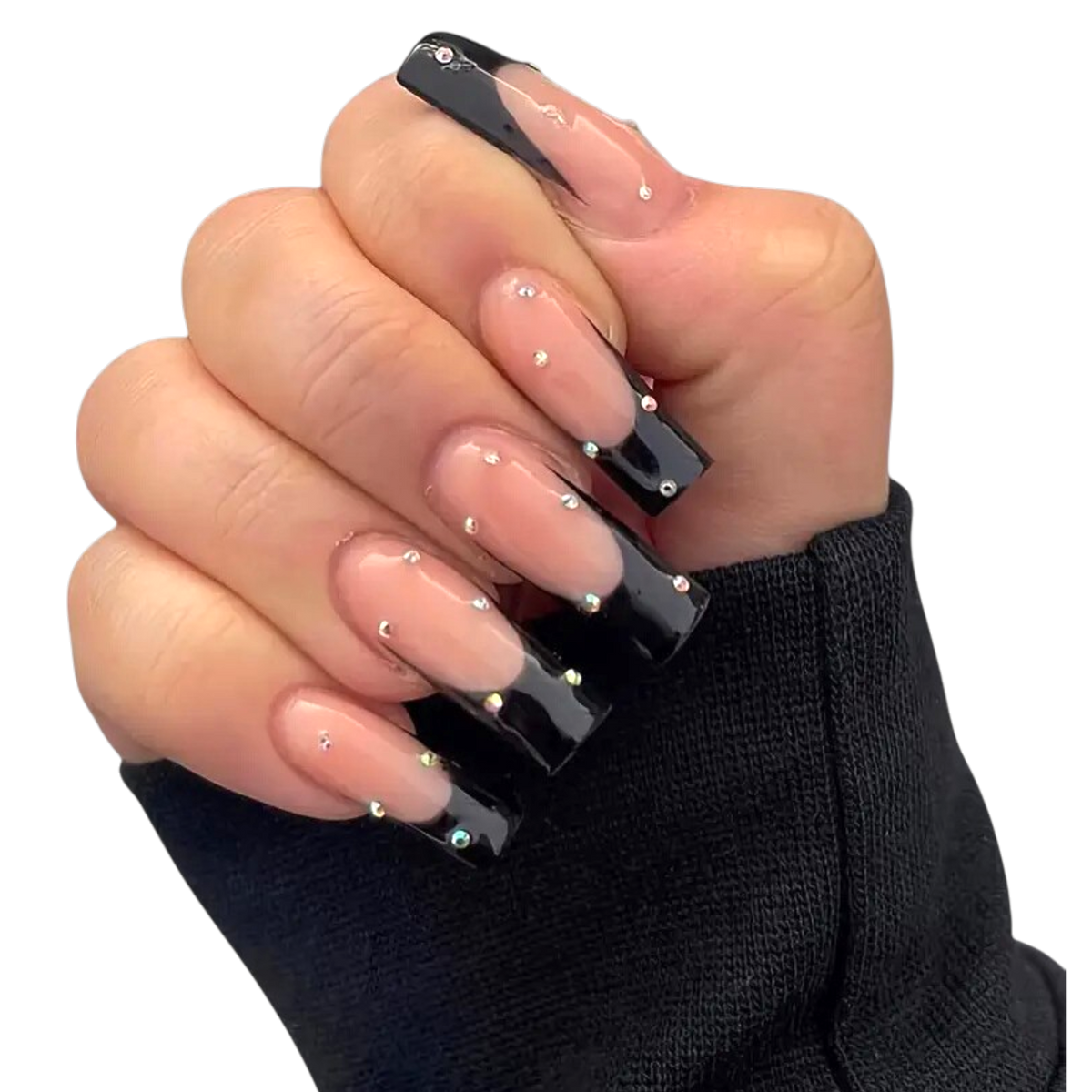 Snazzi Pink Shop extra long coffin press-on nails with black French tips, blush nude base, and crystal accents.