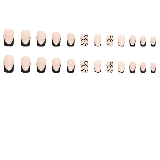 Snazzi Pink Shop Black Ribbon medium square press-on nails with black French tips and heart accent designs.