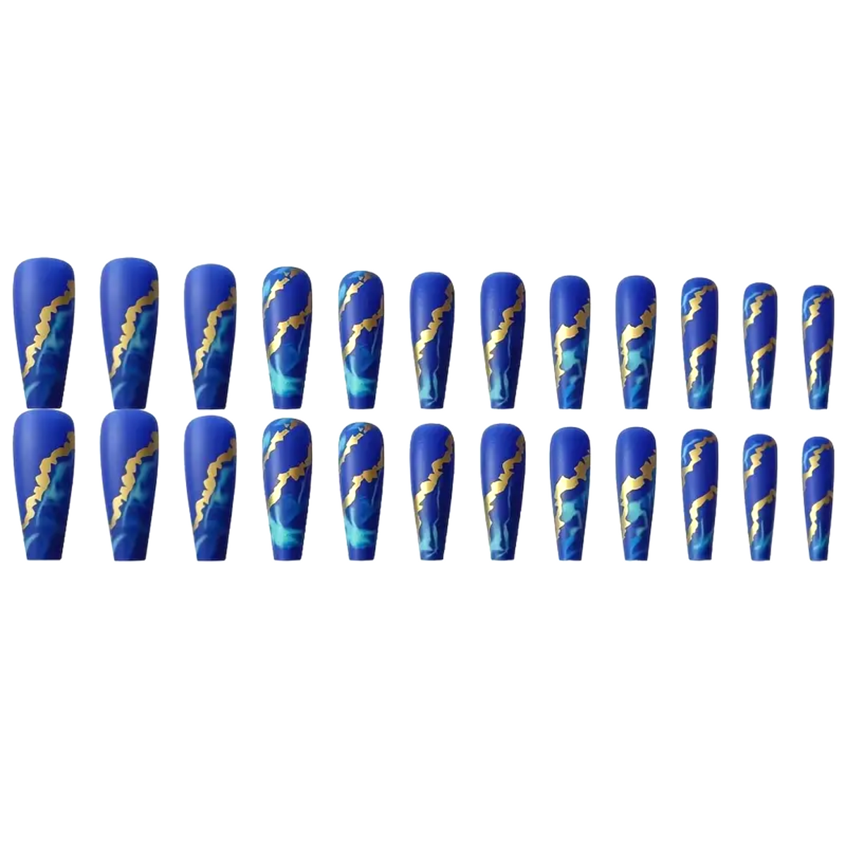 Snazzi Pink Shop extra long coffin press-on nails in royal blue with sapphire marble and metallic gold lightning art.