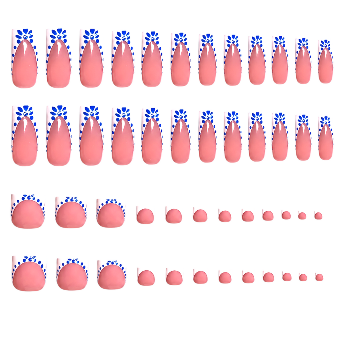 Snazzi Pink Shop Blue Belle square long press-on nails with cobalt blue floral French tips and sheer nude base