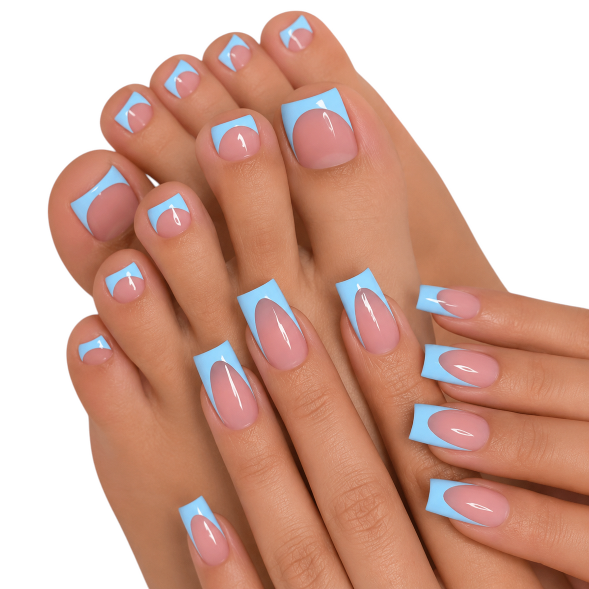 Snazzi Pink Shop Skyline French blue and nude-pink square press-on manicure and pedicure set with glossy finish.