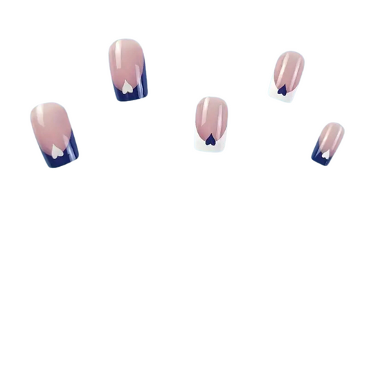 Snazzi Pink Shop medium press-on nails with a glossy blue heart French tip design on a nude base.