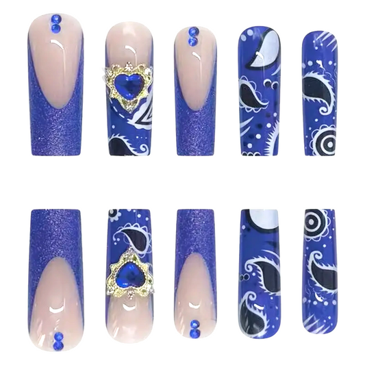 Snazzi Pink Shop extra long coffin press-on nails with royal blue paisley bandana print, glitter, and heart charms.