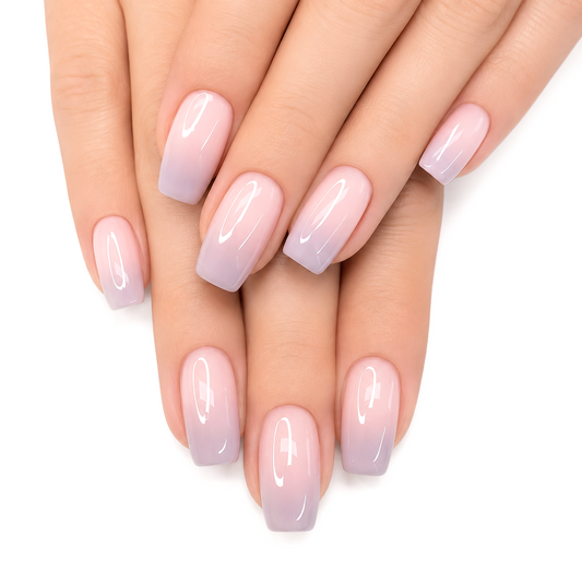 Snazzi Pink Shop medium square press-on nails with a glossy blush-to-lavender ombre fade design