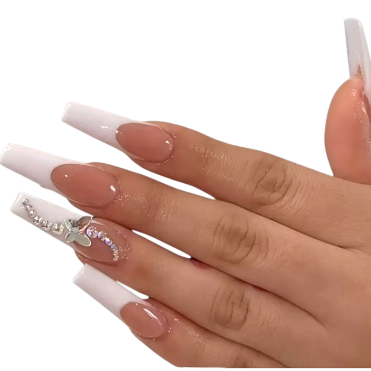 Snazzi Pink Shop extra long coffin press-on nails with nude base, white French tips, silver crystals, and butterfly.
