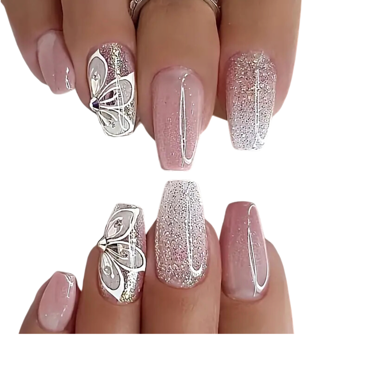 Snazzi Pink Shop Butterfly Kiss short coffin press-on nails with blush pink base, butterfly art, and silver glitter.