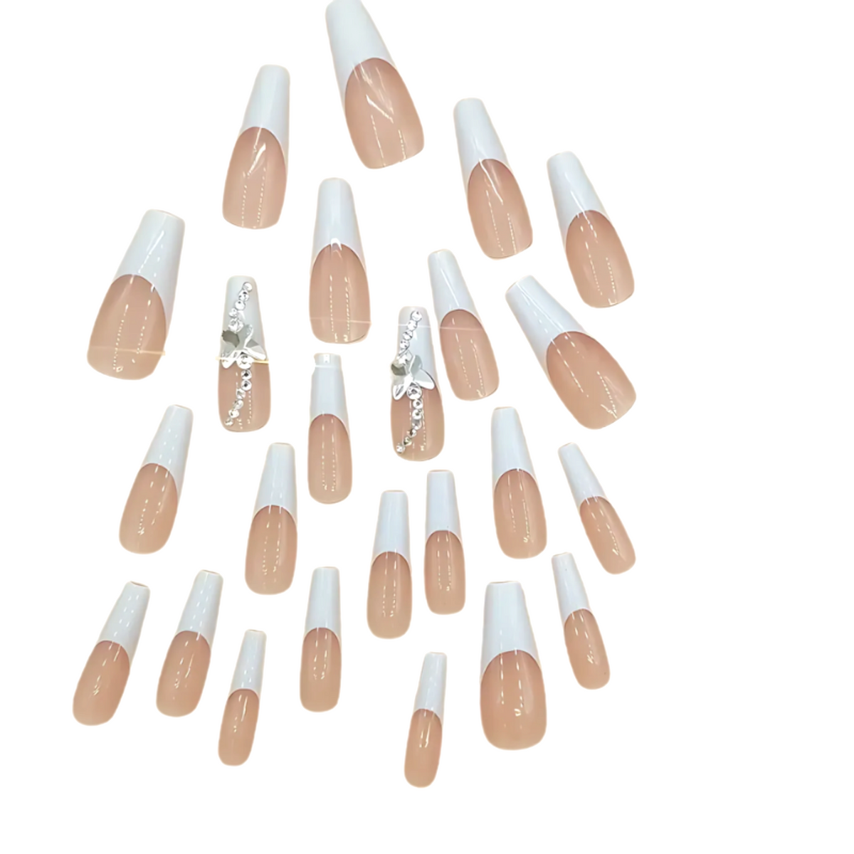 Snazzi Pink Shop Butterfly Frost extra long coffin press-on nails with nude base, white French tips, and crystals.