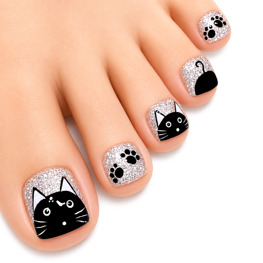 Snazzi Pink Shop Midnight Meow press-on toenails with black cat faces, paw prints, and silver glitter glossy finish.