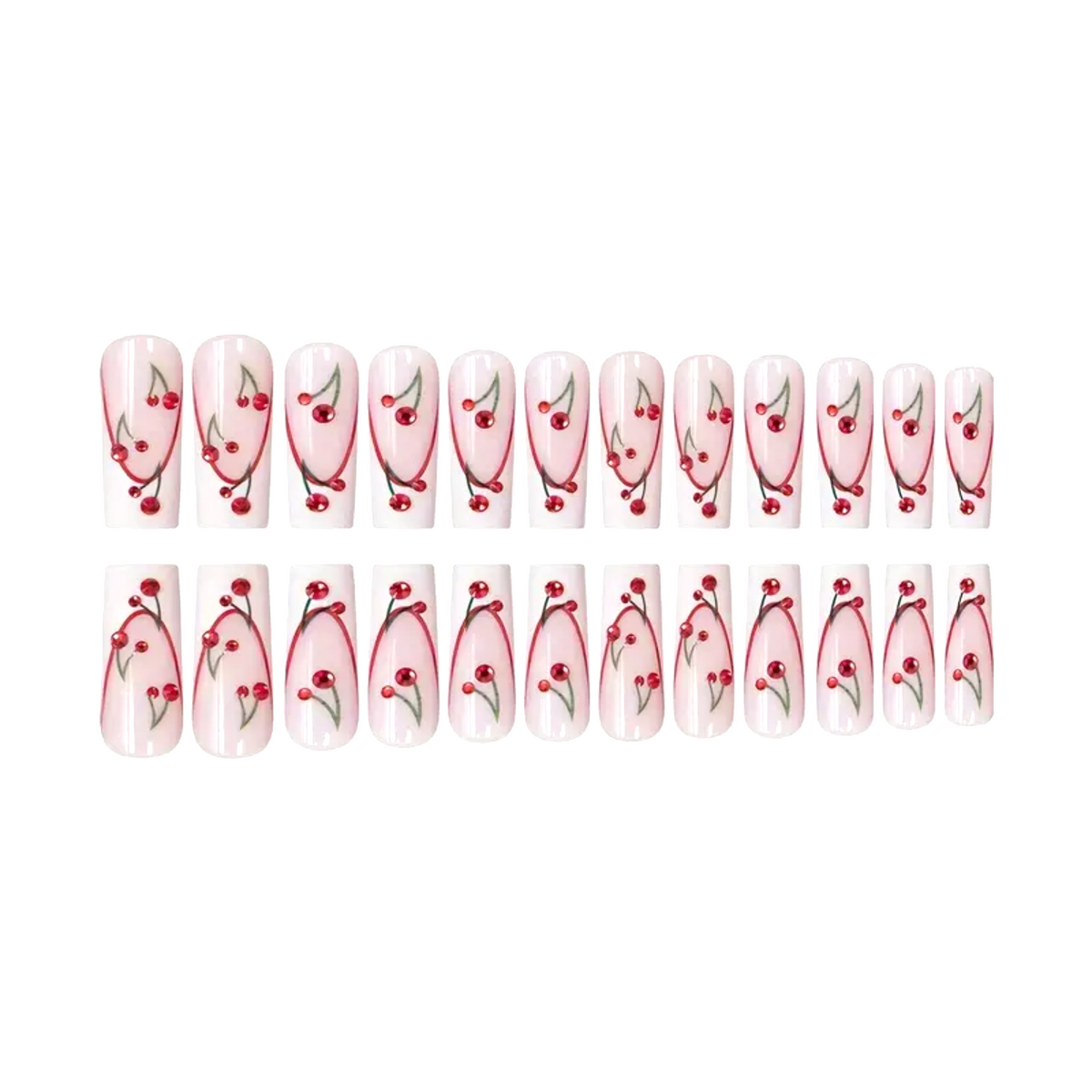Snazzi Pink Shop Cherry Crush press-on nails with sheer nude base, white French tips, and red crystal cherry art.
