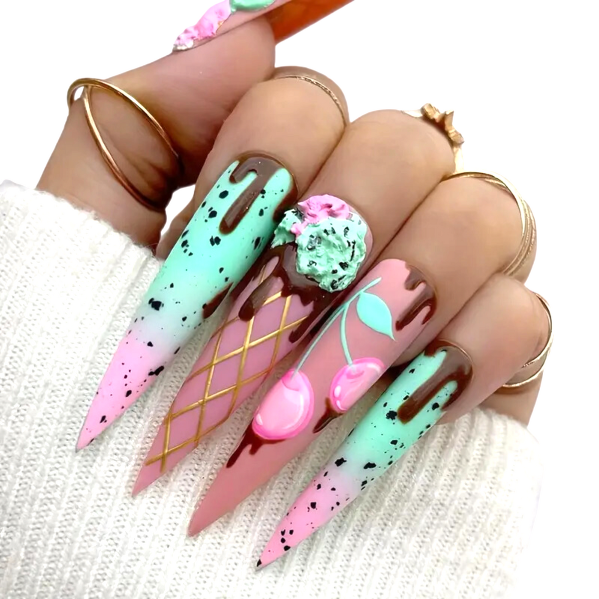 Snazzi Pink Shop Choco Mint extra long stiletto press-on nails with ice cream, chocolate drip, and cherry nail art.
