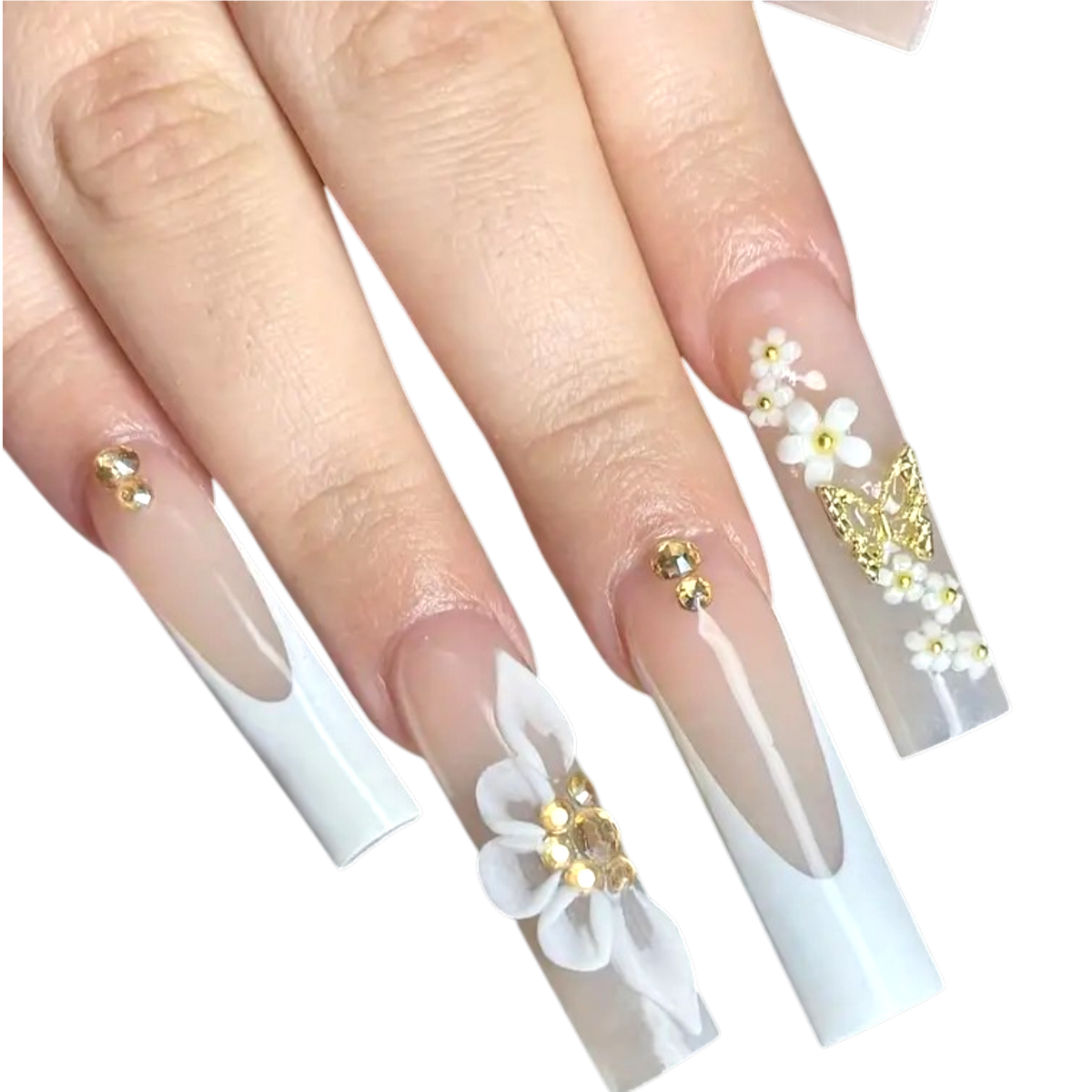 Snazzi Pink Shop extra long coffin press-on nails with white French tips, floral embellishments, and gold butterflies.