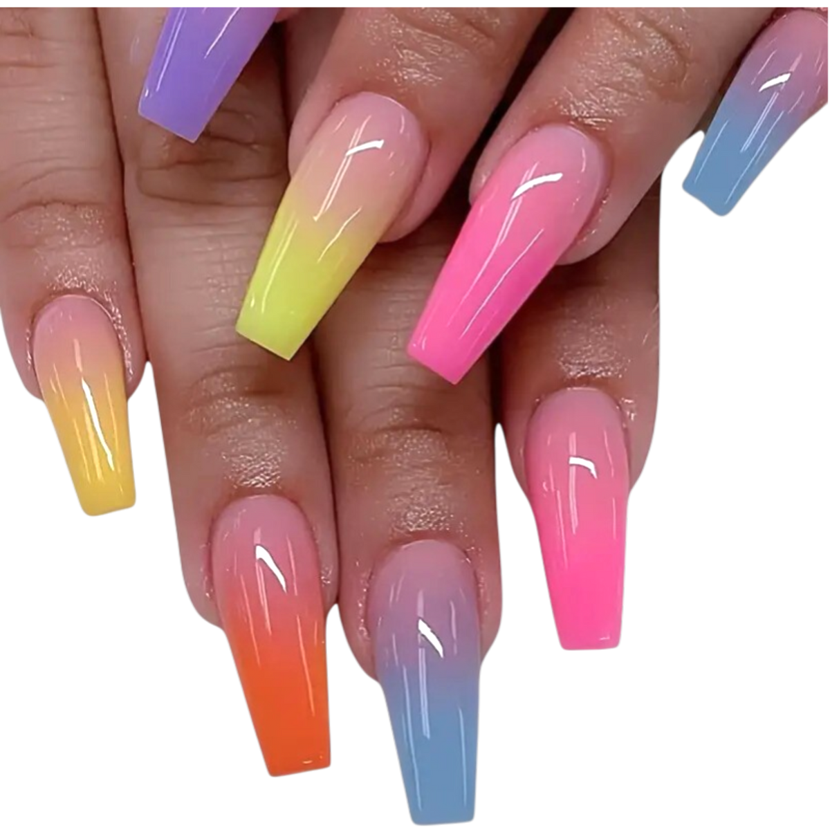 Snazzi Pink Shop extra long coffin press-on nails with a nude base and vibrant multicolor ombré tips in a glossy finish