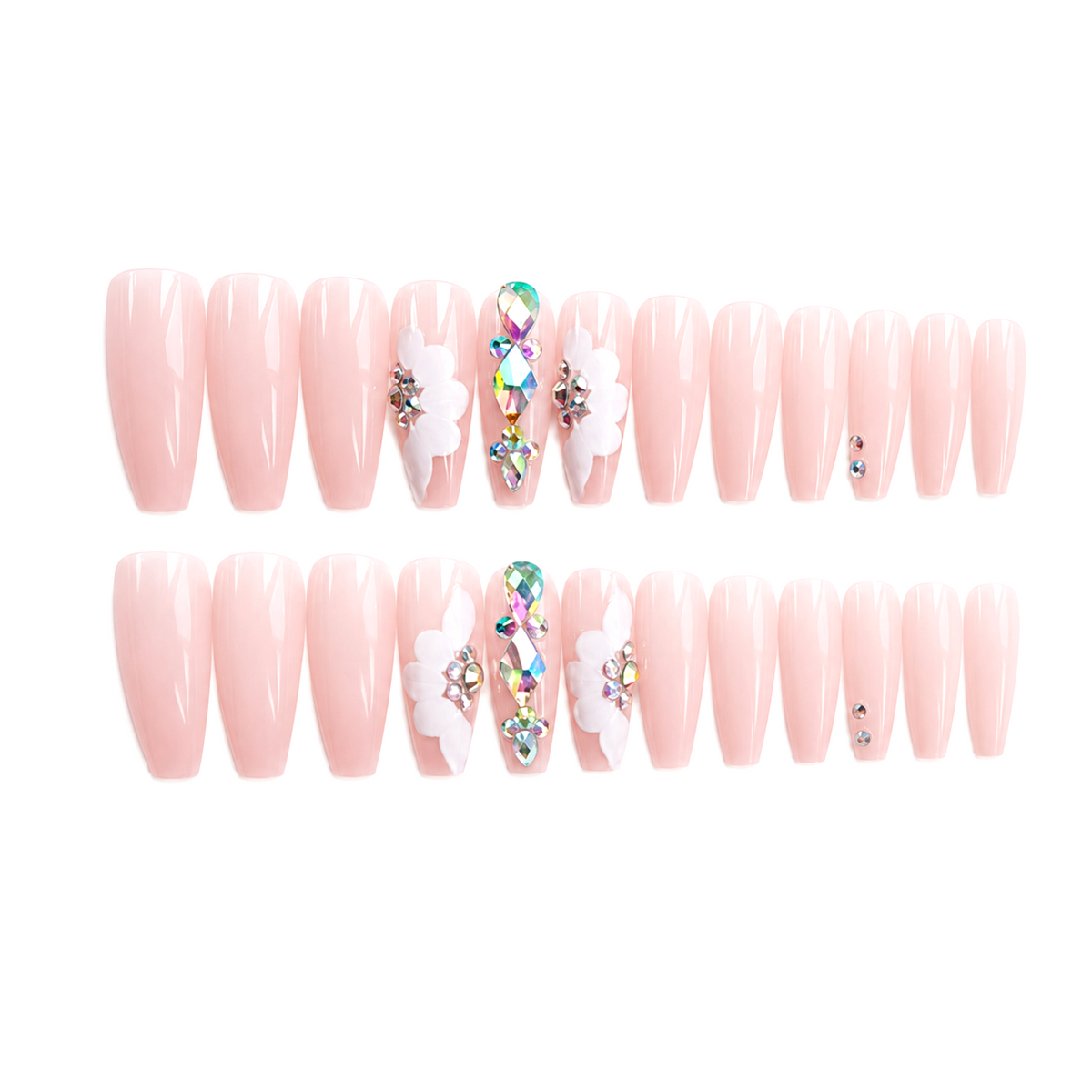 Snazzi Pink Shop extra long coffin press-on nails with soft pink base, 3D white petals, and iridescent crystals.