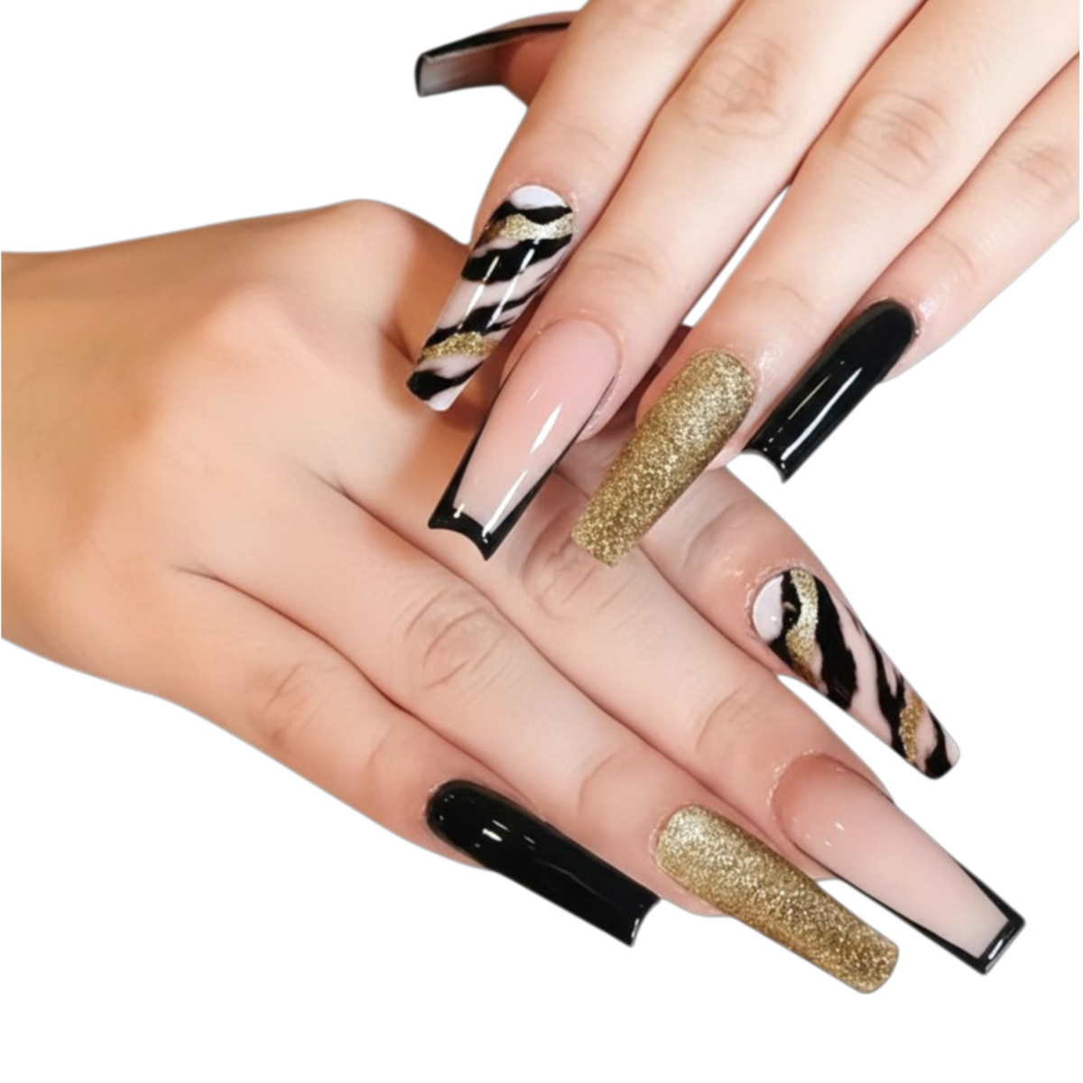 Snazzi Pink Shop extra long coffin press-on nails featuring black, nude, and gold glitter designs with French tips.