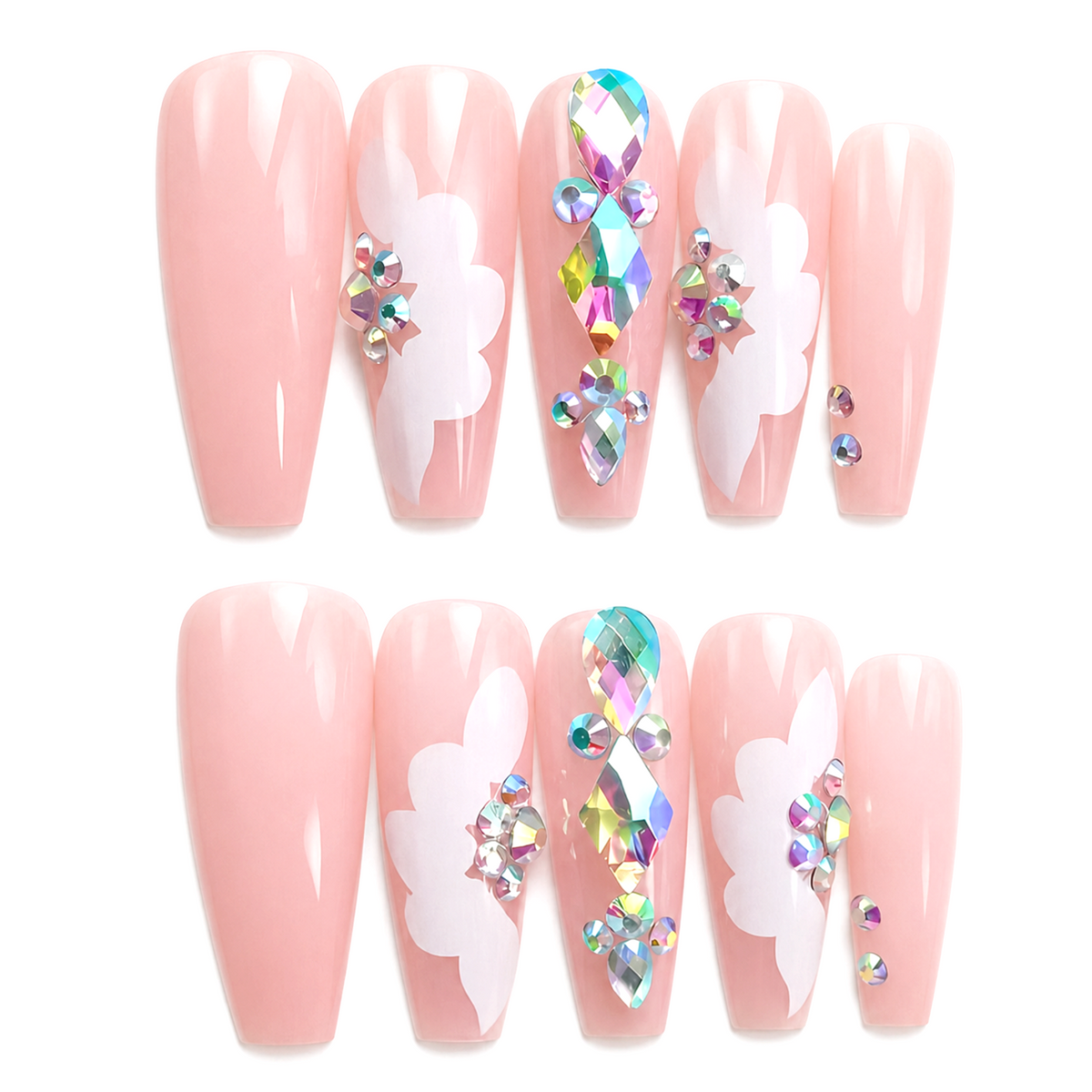 Snazzi Pink Shop extra long coffin press-on nails with soft pink base, 3D white flower petals, and iridescent crystals.