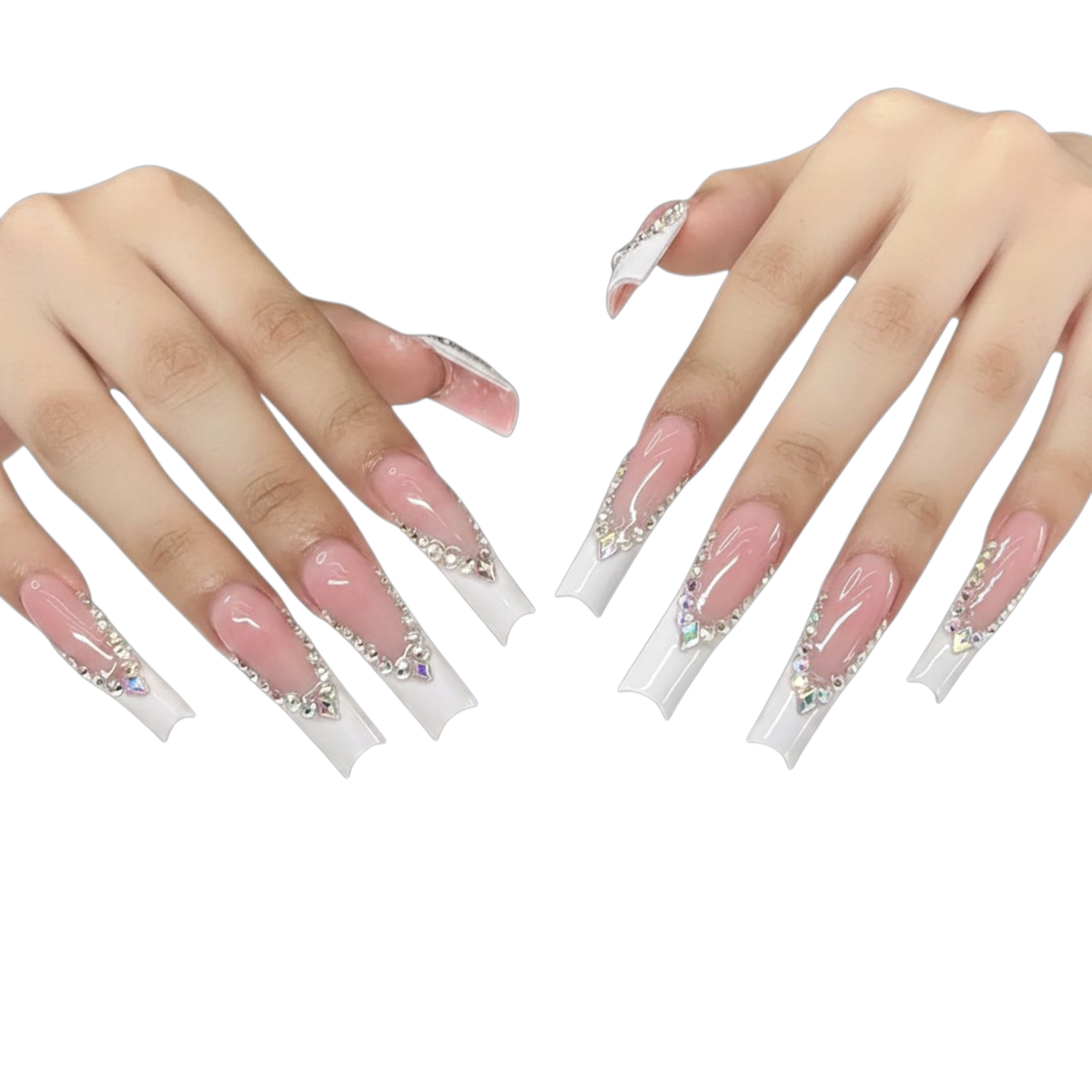 Snazzi Pink Shop Crystal Crown extra long square press-on nails with French tips and hand-placed rhinestone detailing.