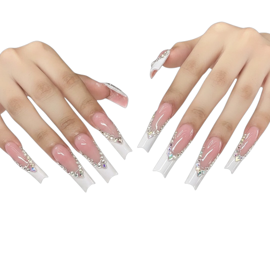 Snazzi Pink Shop Crystal Crown extra long square press-on nails with French tips and hand-placed rhinestone detailing.