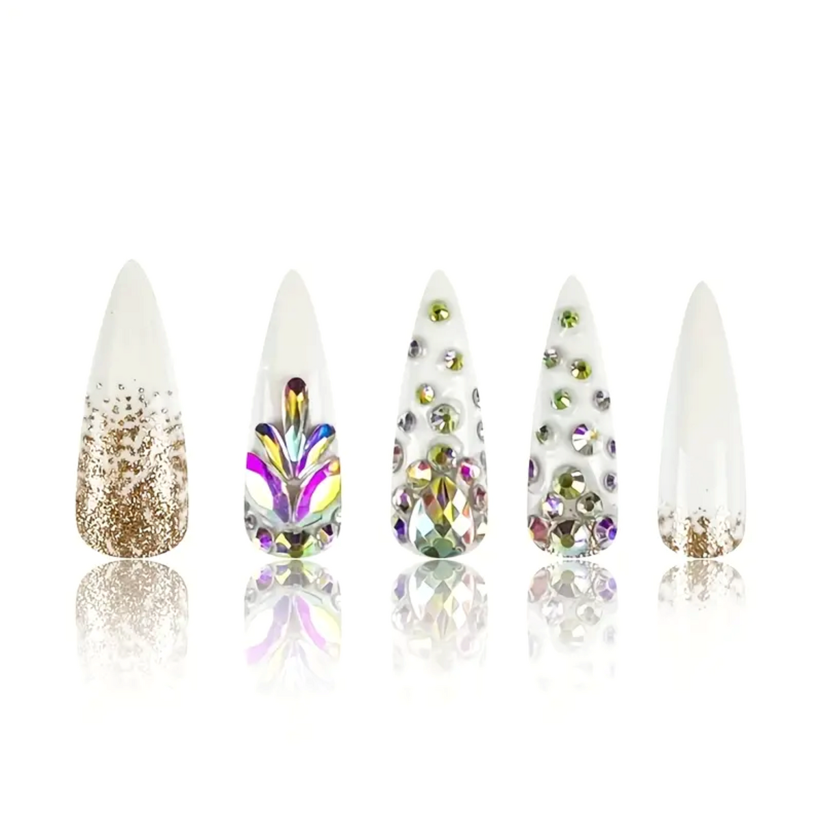 Snazzi Pink Shop Diamond Drip extra-long stiletto press-on nails with white glossy finish, crystals, and gold glitter.