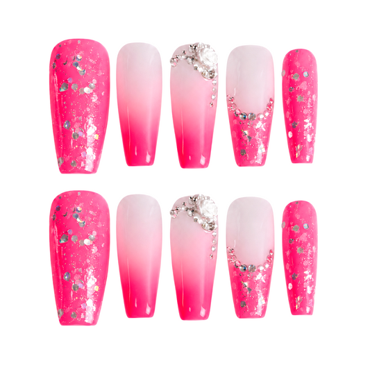 Snazzi Pink Shop Electric Bloom extra-long coffin nails with pink and white ombre, silver glitter, and rose crystals.