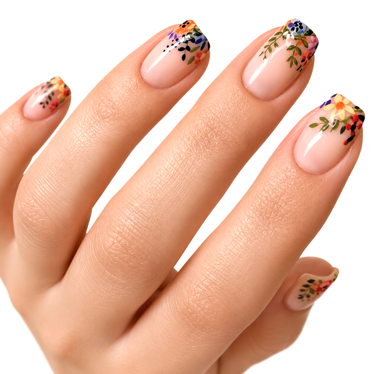 Snazzi Pink Shop Petal Parade medium square press-on nails with a glossy nude-pink base and colorful floral art.