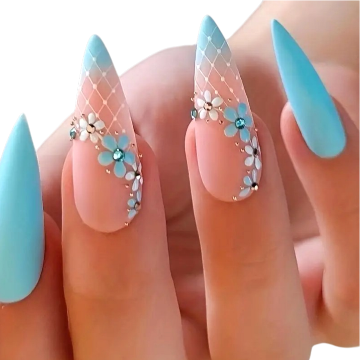 Snazzi Pink Shop Floral Sky long stiletto press-on nails with blue ombré, white lattice, and dimensional floral charms.