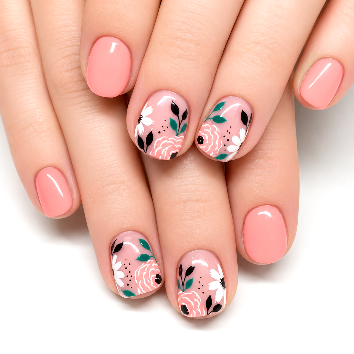 Snazzi Pink Shop Garden Kiss short squoval press-on nails with glossy pink base and delicate floral accent designs.