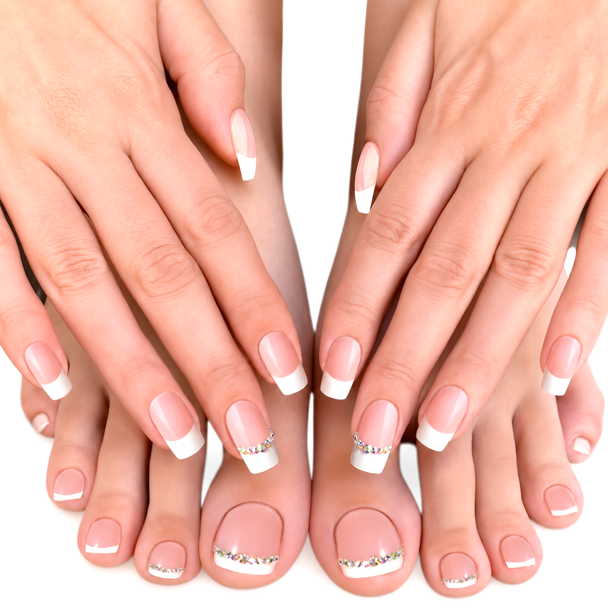 Snazzi Pink Shop Ever After matching French tip manicure and pedicure set with crystal accents on nude-pink base