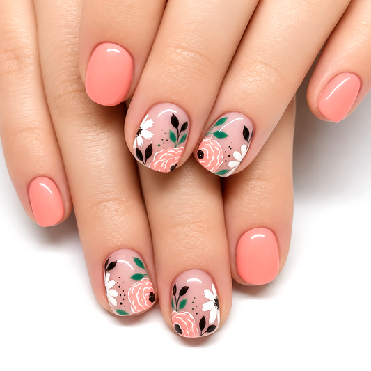 Snazzi Pink Shop Garden Kiss extra short squoval press-on nails with glossy peach base and floral accent designs.