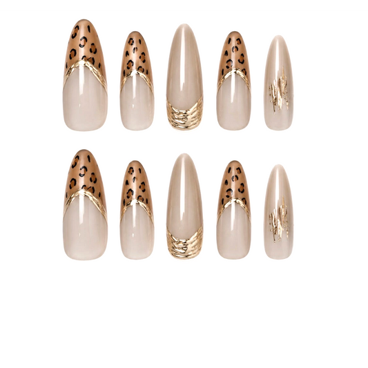 Snazzi Pink Shop Golden Instinct long almond press-on nails with taupe, leopard print, and sculpted gold accents.