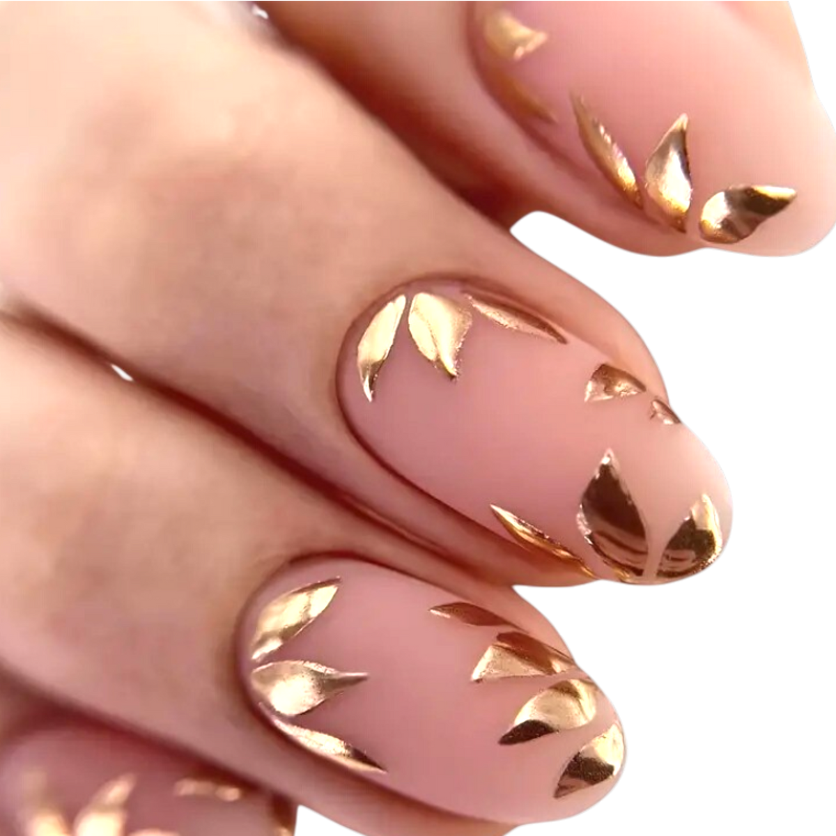 Snazzi Pink Shop Golden Leaves medium oval press-on nails with a matte nude base and metallic gold botanical accents.