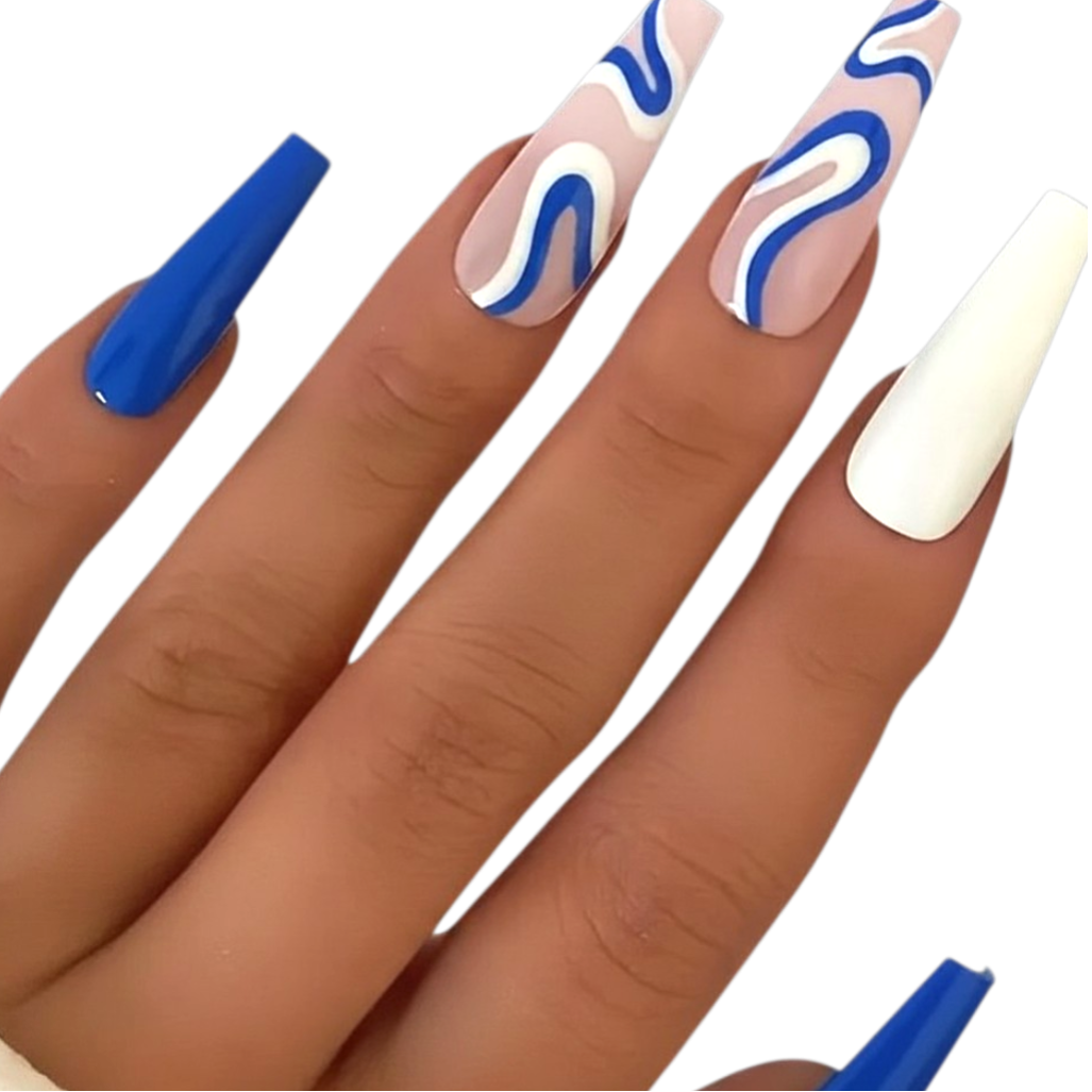 Snazzi Pink Shop Groove Theory extra long coffin press-on nails with blue and white retro wave art and glossy finish