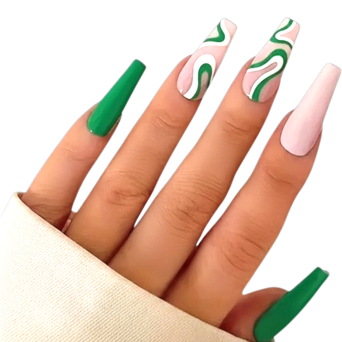 Snazzi Pink Shop Groove Theory extra long coffin press-on nails with green and white retro wave designs