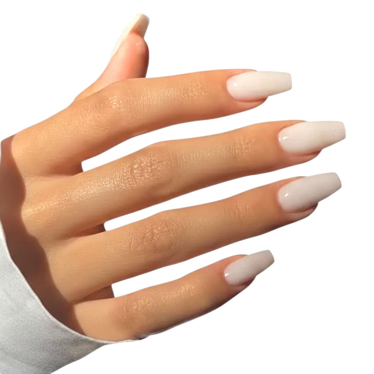 Snazzi Pink Shop long coffin press-on nails in a glossy ivory finish on a hand, showcasing a minimalist chic style.
