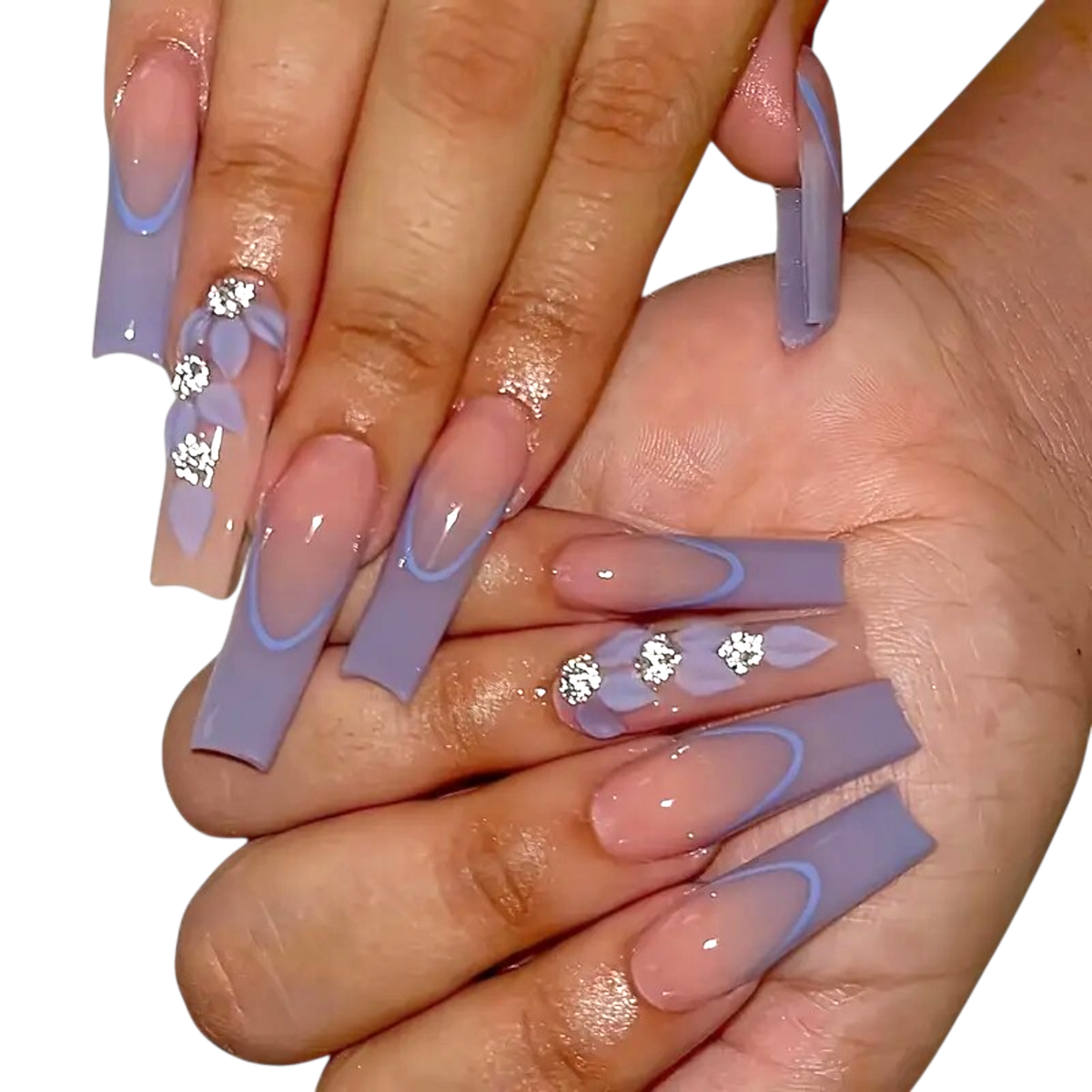 Snazzi Pink Shop extra long coffin press-on nails with lavender French tips and crystal flower accents on nude base